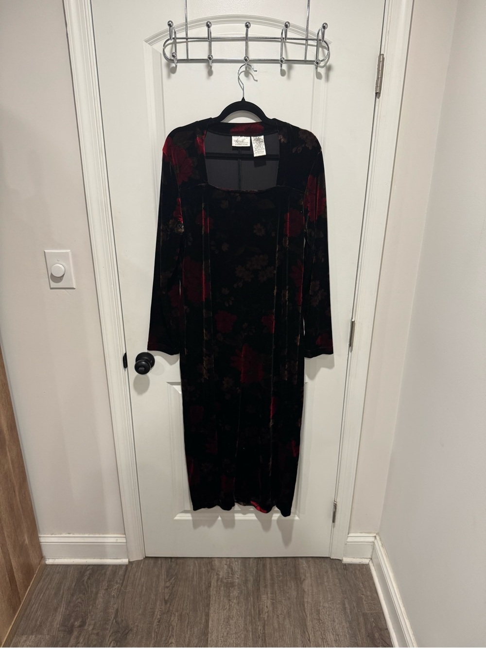 Kathie Lee Collection Black Velvet Maxi Dress with Red Floral Detail